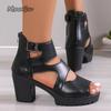 Модные женские босоножки на высоком каблуке 2025 Элегантные Гладиаторы Черные с квадратной пряжкой Толстый каблук С открытым носком Босоножки Платформа Sandalias De Mujer