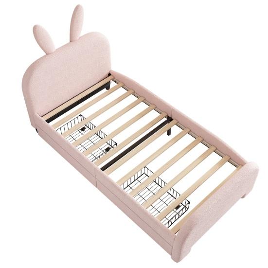 Soft Bed 90x200cm Rabbit Shape Velvet Fabric Children with Headboard 2 Drawers Ergonomic Design Strong Wood Slat Support Home Furniture Kids