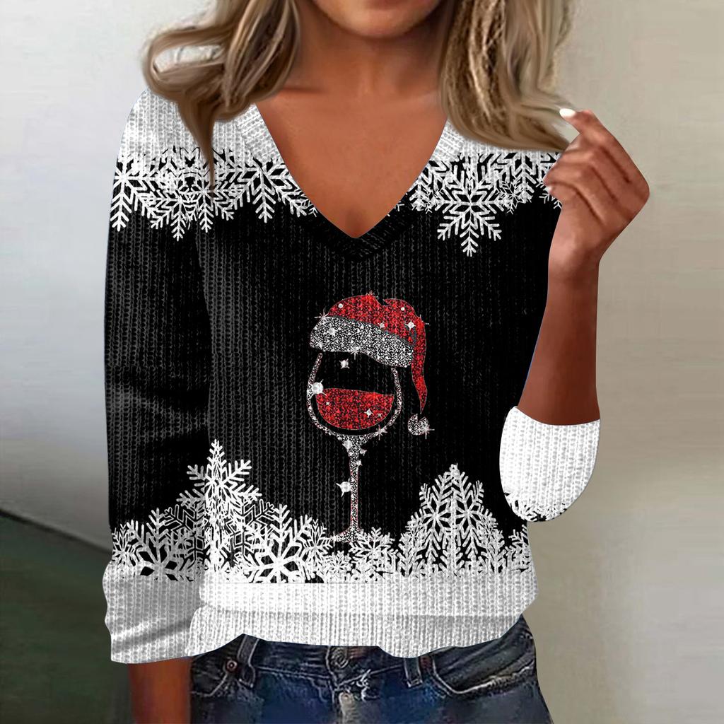 Women's Cute Sweatshirt Knitted Fashion Casual V-neck Long-sleeved Cozy Print Top