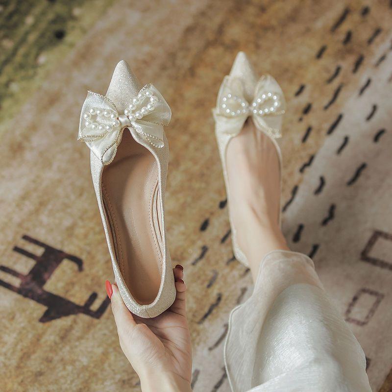 Pearl With Bow Woman Flats Promotion Young Comfortable and Elegant Dress Popular 39 Stylish Pointed Toe Slip-on Shoes for Women