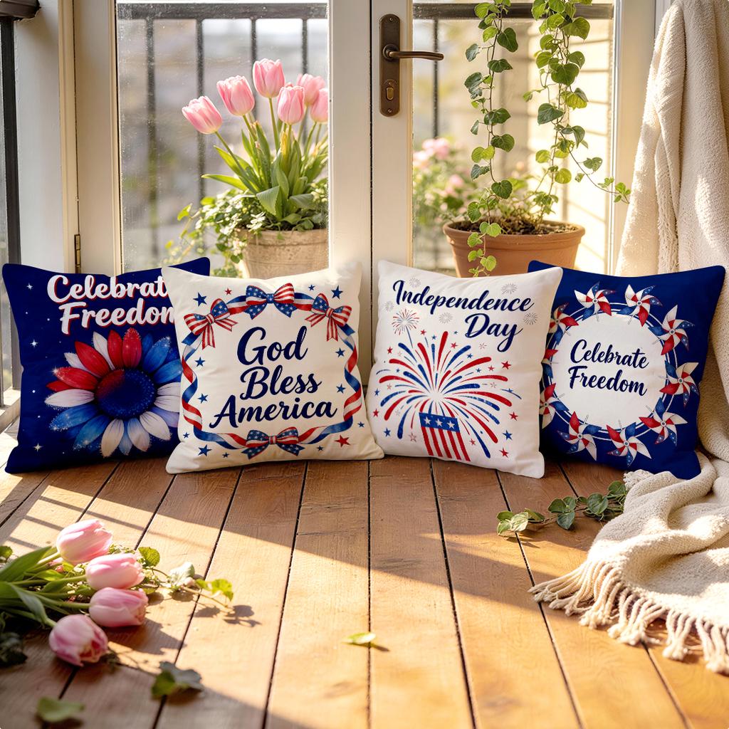 4 Pcs Independence Day Floral Bow Single-Sided Printed Pillowcase Cushion Cover,Suitable For Living Room,Bedroom,Car Decoration