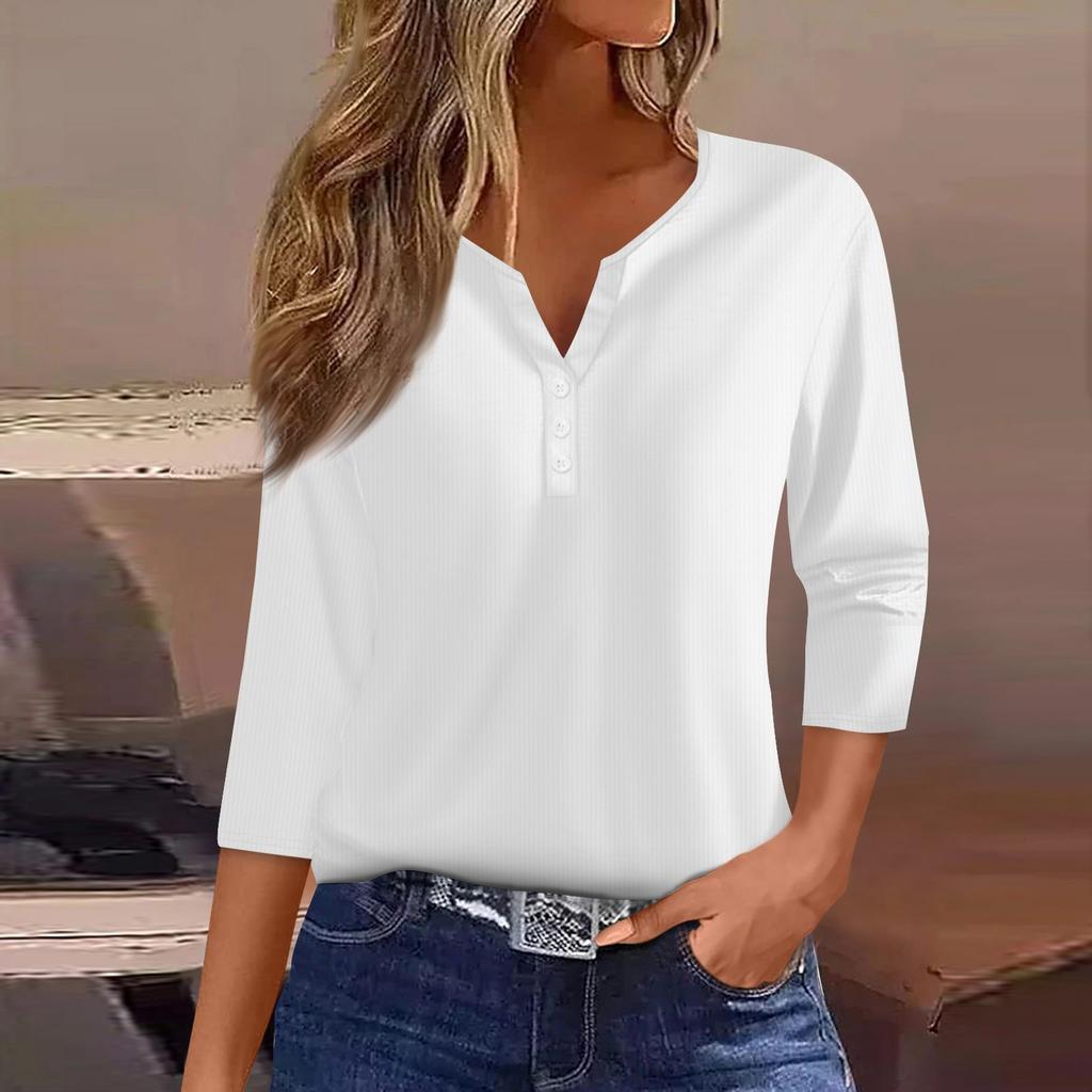 Women's T Shirt Tee Print Button 3/4 Sleeve Tunic Daily Weekend Fashion Basic V- Neck Regular Top