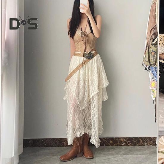 Ретро-юбка с эластичной высокой талией, кружевная юбка нестандартного дизайна, длинная юбка-миди во французском стиле с вышитым кружевом и цветочным узором