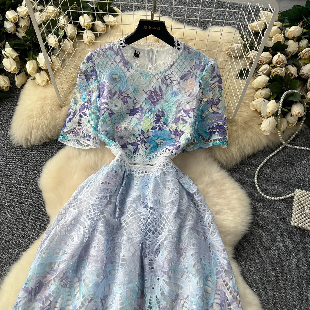 Элегантное длинное платье French Chic для женщин, вязаное крючком, ажурное кружевное, цветочное, женское платье с круглым вырезом, с коротким рукавом, Vestidos, дропшиппинг