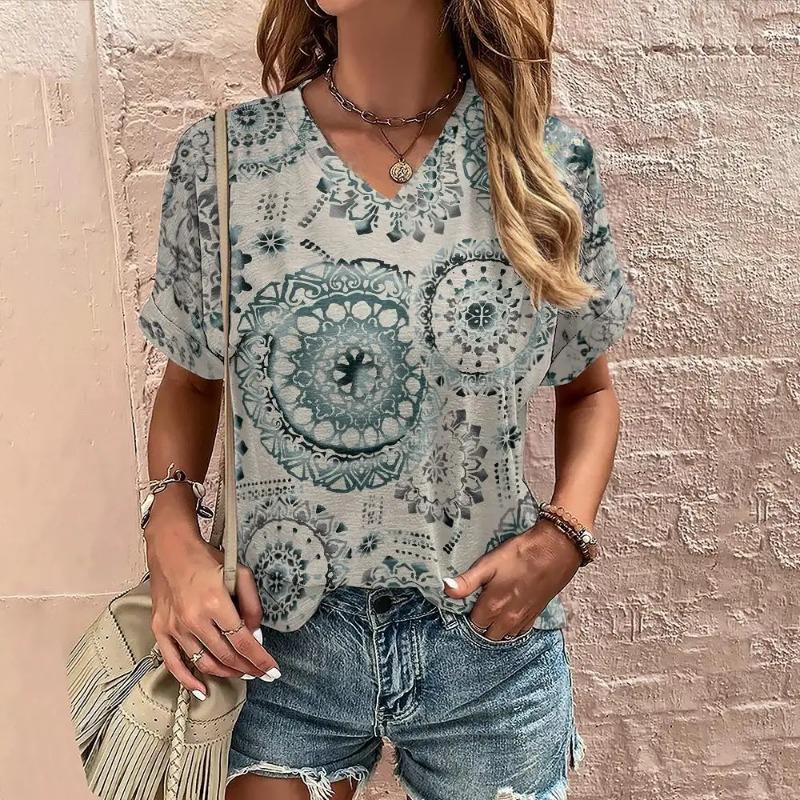 Женская футболка Boho Harajuku с графическим принтом, летние повседневные топы с коротким рукавом, уличная мода, футболка с V-образным вырезом, женская одежда, футболки женские