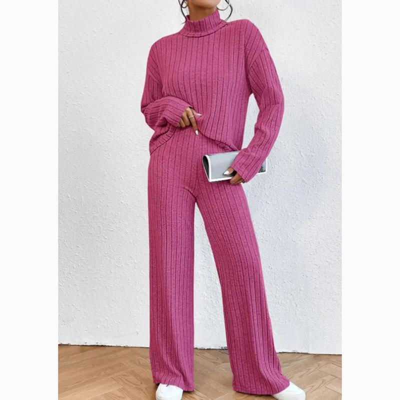 Осень-зима вязаная блузка и длинные брюки 2 комплекта из двух предметов женские наряды модные повседневные свободные топы с высоким воротом и длинными рукавами