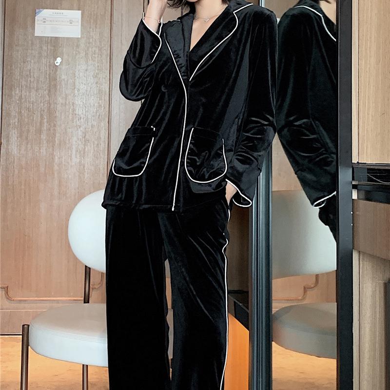 Золотая бархатная пижама, женская винтажная элегантная корейская шикарная одежда для сна с отложным воротником, базовая повседневная зимняя теплая домашняя одежда, тренд