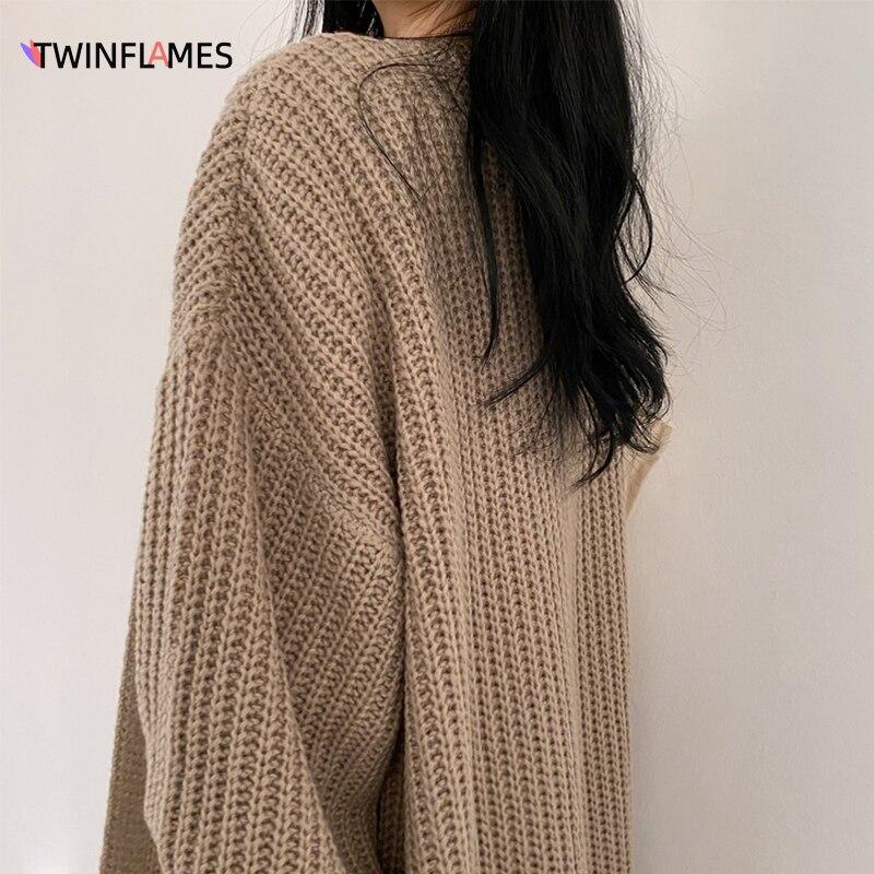 Women's Knitted Cardigan Korean Fashion Clothes Autumn Chic Argyle Vintage Sweater Lantern Sleeve Loose Jumper Coat
