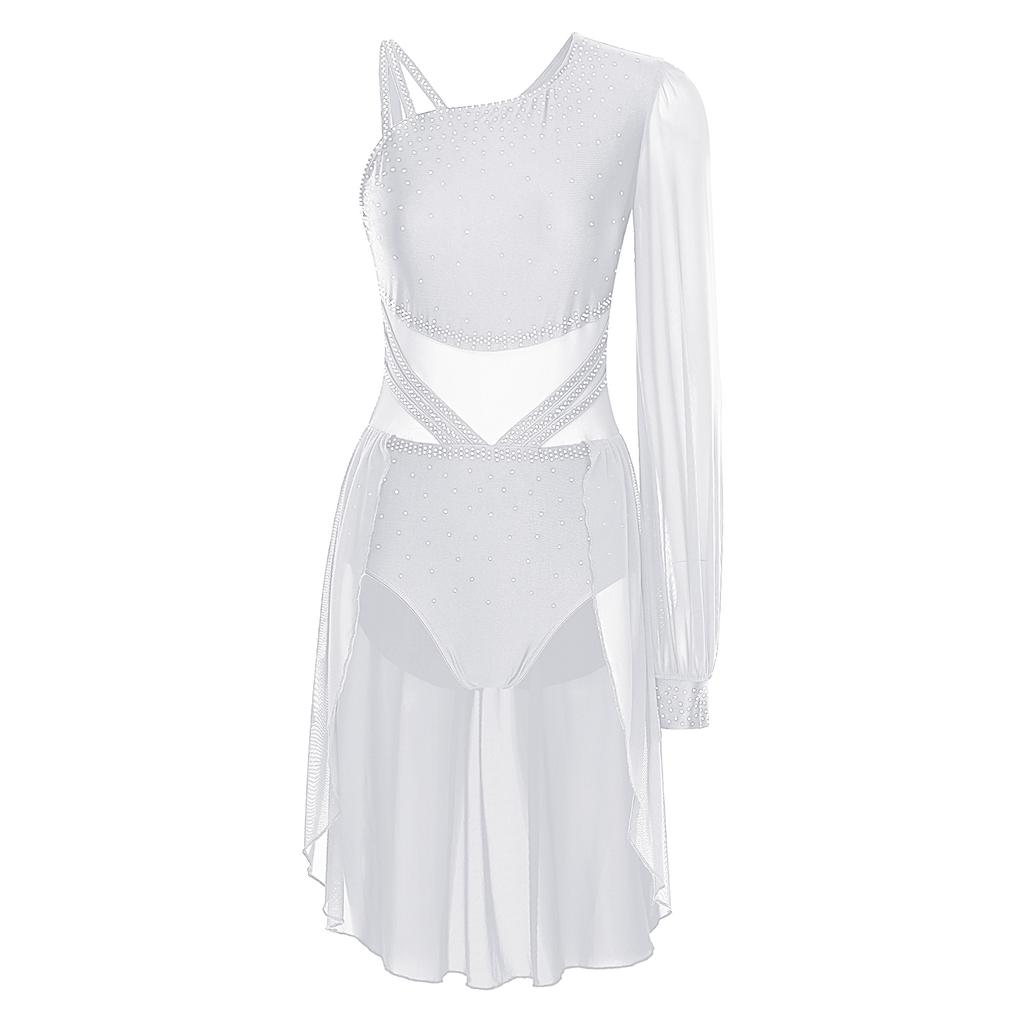 Womens One Shoulder Latin Dance Dress Single Sleeve Sparkle Rhinestone Performance Costume