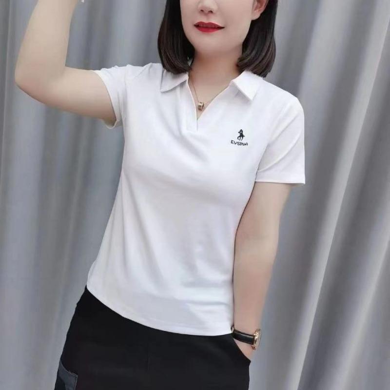 Женская облегающая футболка-поло с коротким рукавом и V-образным вырезом, повседневный однотонный топ