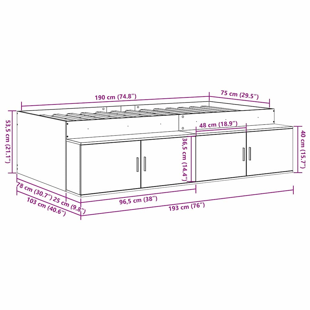 Bed Frame with Drawers Rustic Wood Finish 70 x 190 cm Engineered Wood
