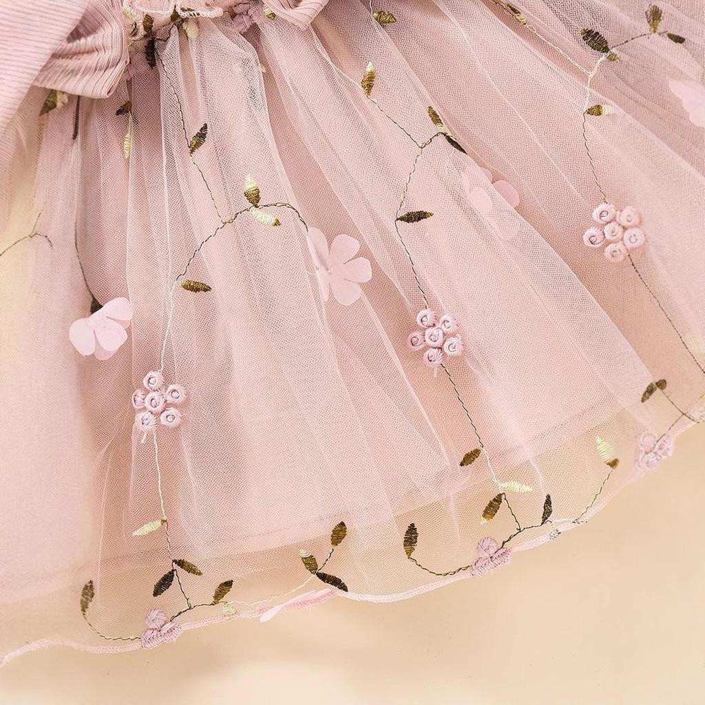 Платье с длинным рукавом из сетки в европейско-американском стиле для девочек на весну и осень 2024 года - Модная детская юбка.