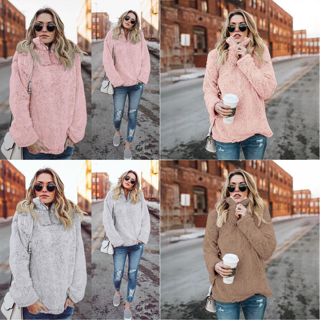 Premium Womens Fleece Fur Hoodie Winter Woolen Thermal Ladies Zip Sweater Blouse