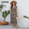 Летнее женское платье без рукавов с v-образным вырезом и эластичной резинкой на талии, леопардовые платья больших размеров, сексуальные повседневные длинные платья с тонкой талией
