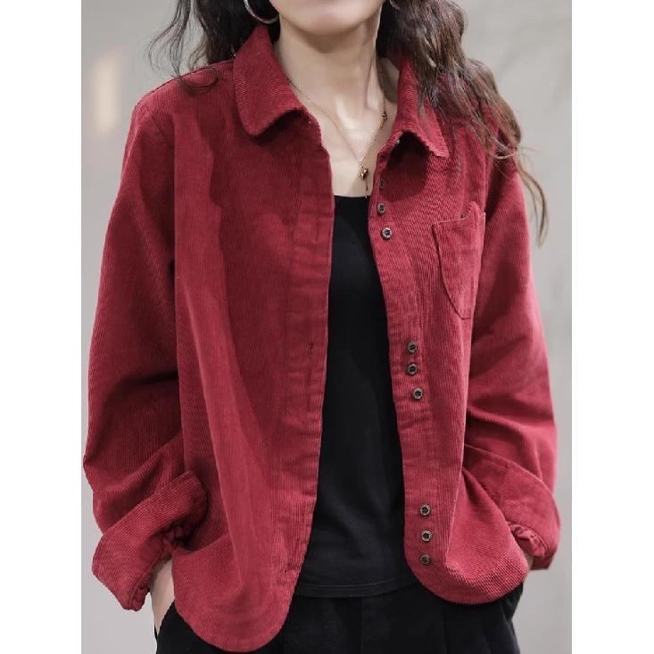 Весна Осень Новая Винтажная Свободная Повседневная Вельветовая Рубашка Женская Карманная Модная Универсальная Кардиганная Верхняя Женская Блузка с Длинным Рукавом Femme