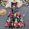 Flower Print Women Vest Midi Dress Elegant Fashion O-Neck Summer Sleeveless Slim High Waist A-Line Party Runway Tank Dress