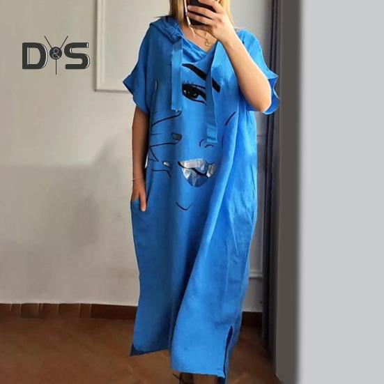 Женское платье с принтом лица, свободное платье с капюшоном и шнурком в богемном стиле с короткими рукавами, городской стиль, пуловер с разрезом по краю и боковым карманом, платье миди длиной до середины икры