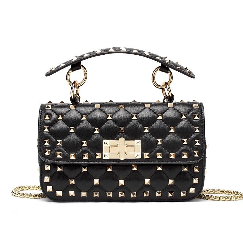 2023 Women's Punk Style Sheepskin Rivet Chain Bag - Soft Leather, Small Square, Single Shoulder Handbag, Genuine Leather.
