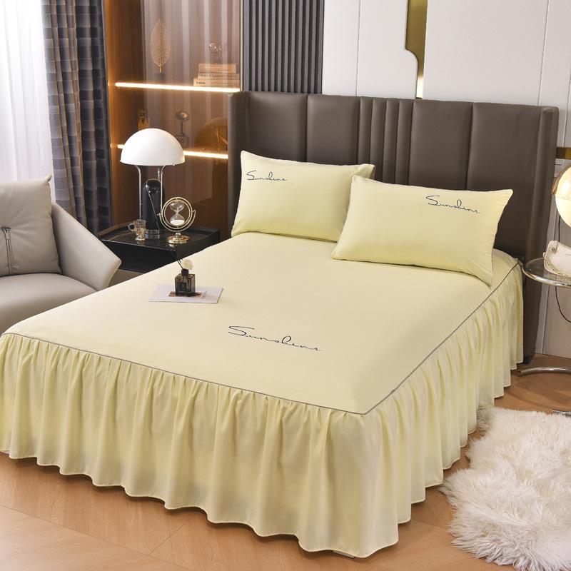 Solid Color New Light Luxury Simple Embroidered Single Bed Skirt Bed Sheet Non-slip Bedspread Four Seasons Princess Style Single Piece