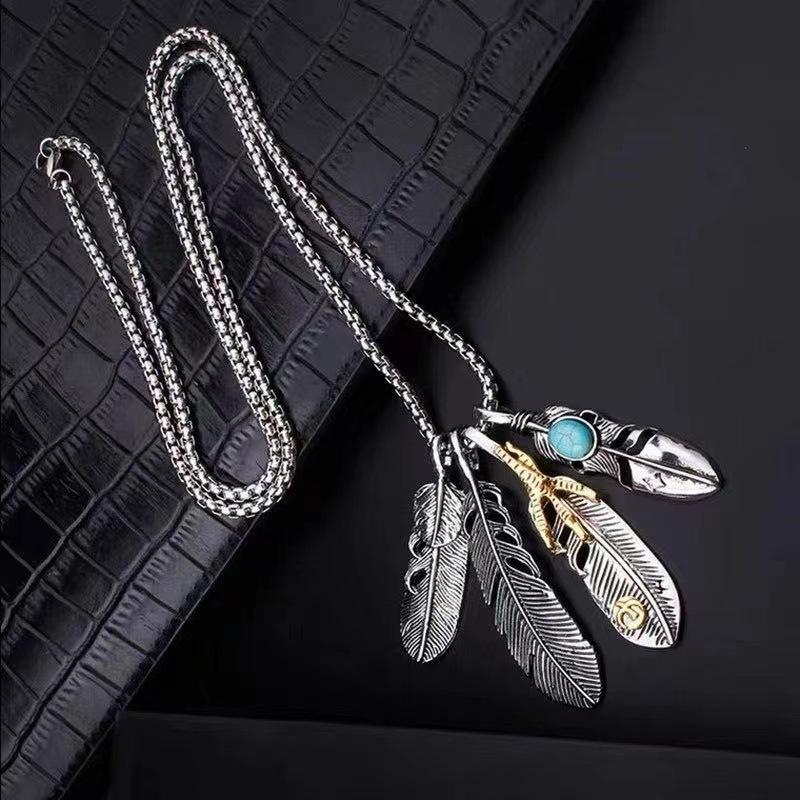 Feather Necklace Men'S Hip Hop Titanium Steel Necklace Vintage Personality Tide Pendant Student Simple Sweater Chain Women