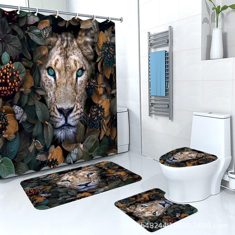 Direct Supply Digital Printing Tiger Lion Flower Animal Bathroom Curtain Non-Slip Floor Mat Bathroom Four-Piece Set
