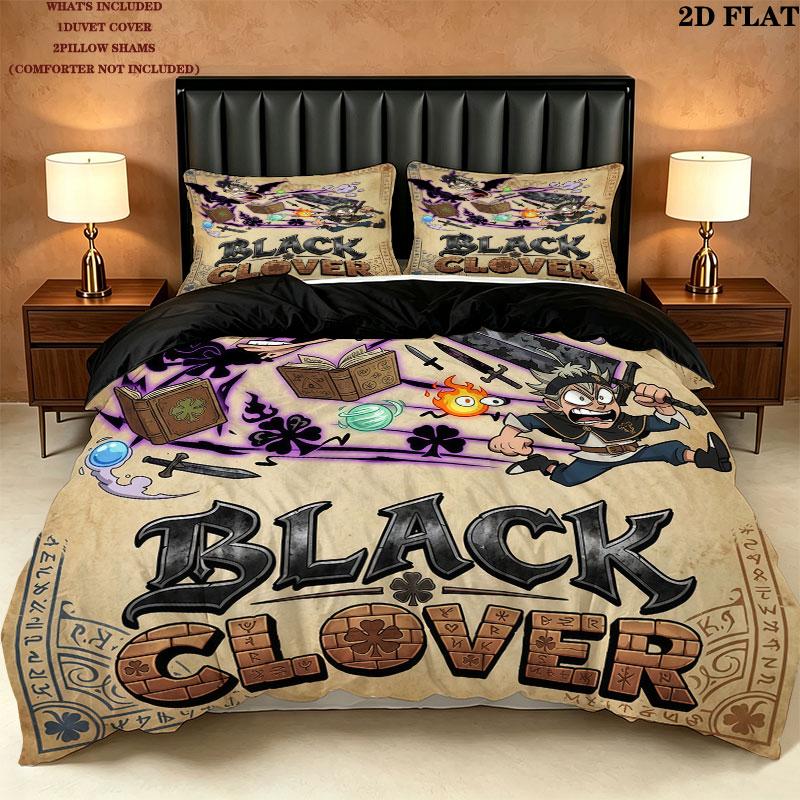 Black Clover Pattern Bedding Quilt Set Quilt Cover Pillowcase Home Birthday Gift(1 * duvet cover + 2 * pillowcase, without core)