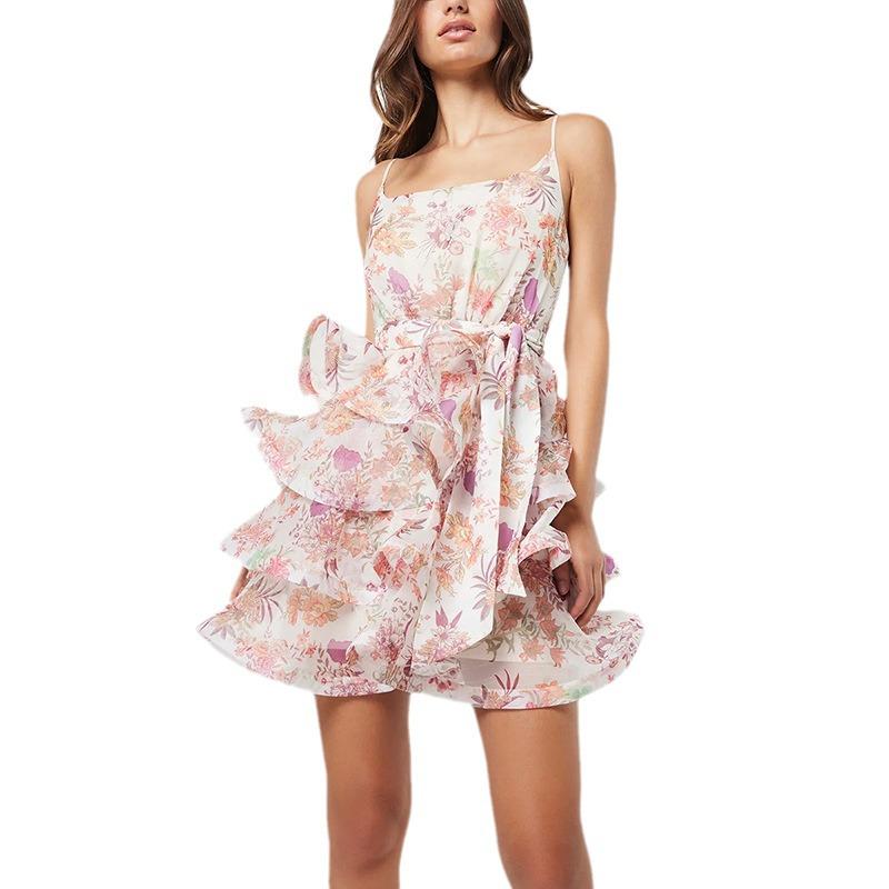 Юбка на подтяжках с французскими оборками и цветочным принтом 2025 года со шнуровкой на талии — облегающее праздничное платье для женщин