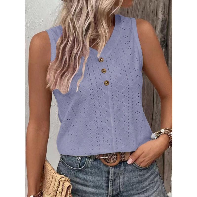 Летняя футболка Женская мода Однотонная Повседневная V-образный вырез Без рукавов На пуговицах Жилет Футболка