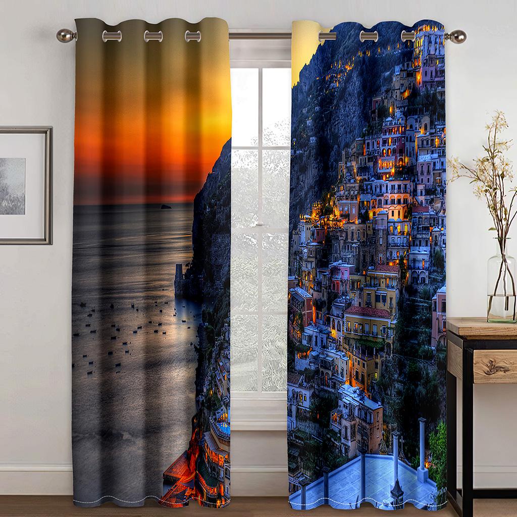 Солнцезащитный занавес с изображением морского заката и пейзажного узора, 2 предмета для гостиной, спальни, украшения дома, пирсинг, Ху