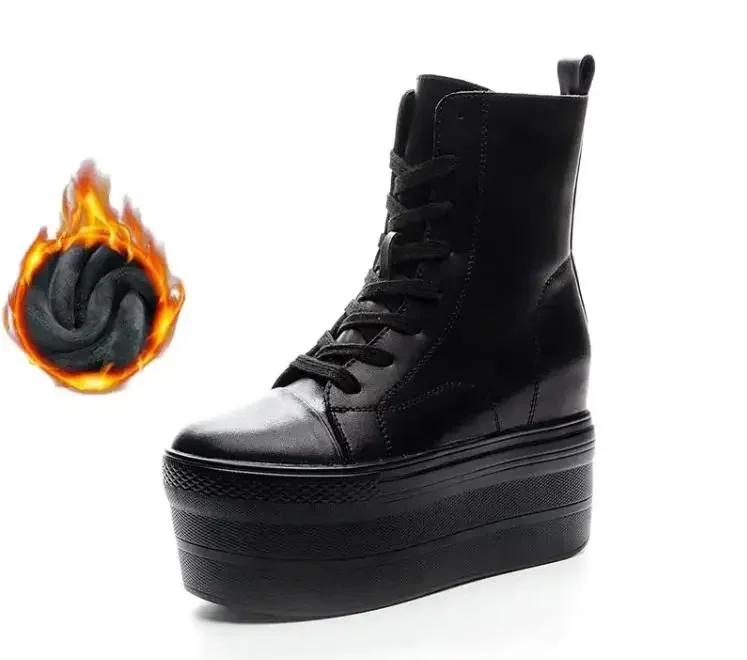 Модные осенние ботинки из натуральной кожи на платформе и танкетке с супер толстой подошвой 10 см и скрытым каблуком, на молнии, зимние ботильоны до щиколотки, теплые