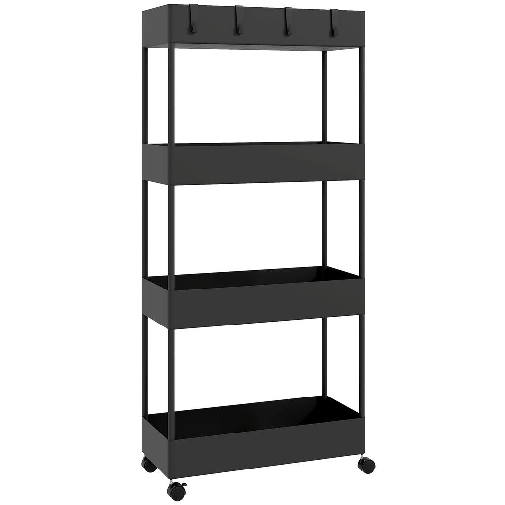 Kitchen Cart with 4 Shelves, 4 Flexible Hooks, 4 Casters, 40 cm x 19 cm x 90 cm, Gap Cart, Black