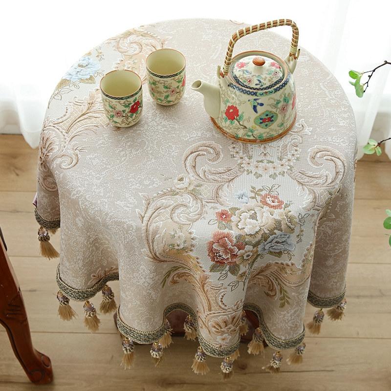 Элегантный маленький большой круглый обеденный стол с цветочным принтом и кисточками, бежевая кофейная скатерть для вечеринки, декоративная жаккардовая скатерть для круглого стола