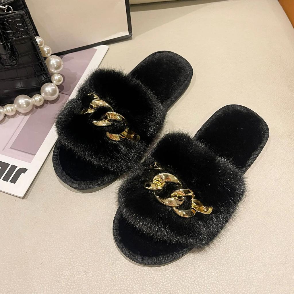 Fashion Chain Design Women Home Slippers Solid Color Open Toe Indoor Winter Flat Non-slip Leisure Interior Female Shoes 2025