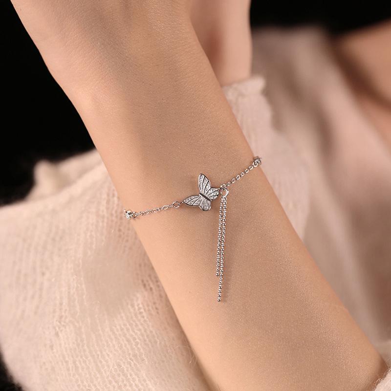 Pure Silver S925 Silver Round Bead Chain Bracelet, Super Fairy Pastoral Style, Sweet Temperament, Zircon Inlaid Butterfly Tassel Bracelet for Women