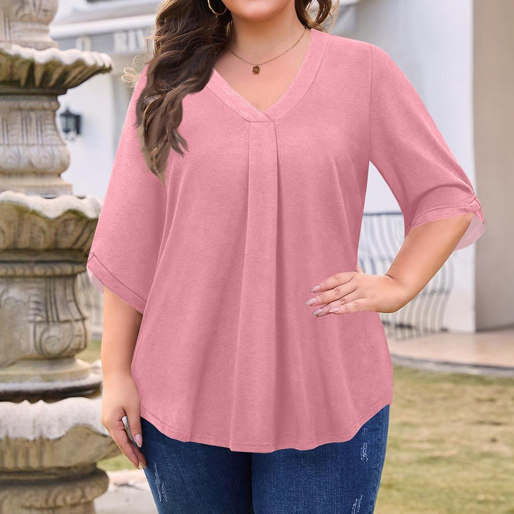 Women's Fashion Large Size Solid Color V-Neck Three-quarter Sleeve Top