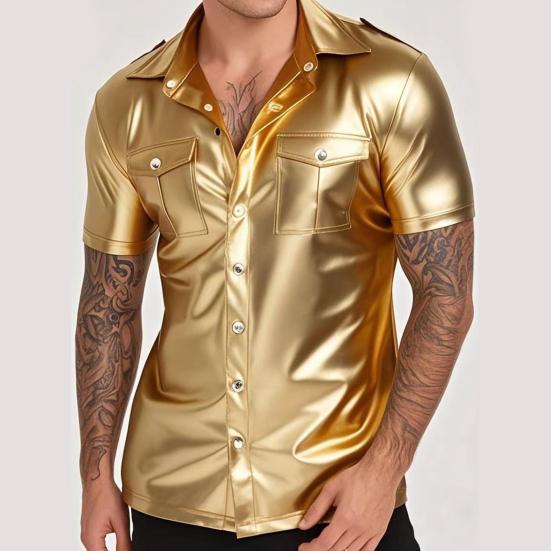 Мужская металлизированная рубашка на пуговицах с коротким рукавом и лацканами, облегающий сценический костюм для ночного клуба, вечеринок, баров, клубов