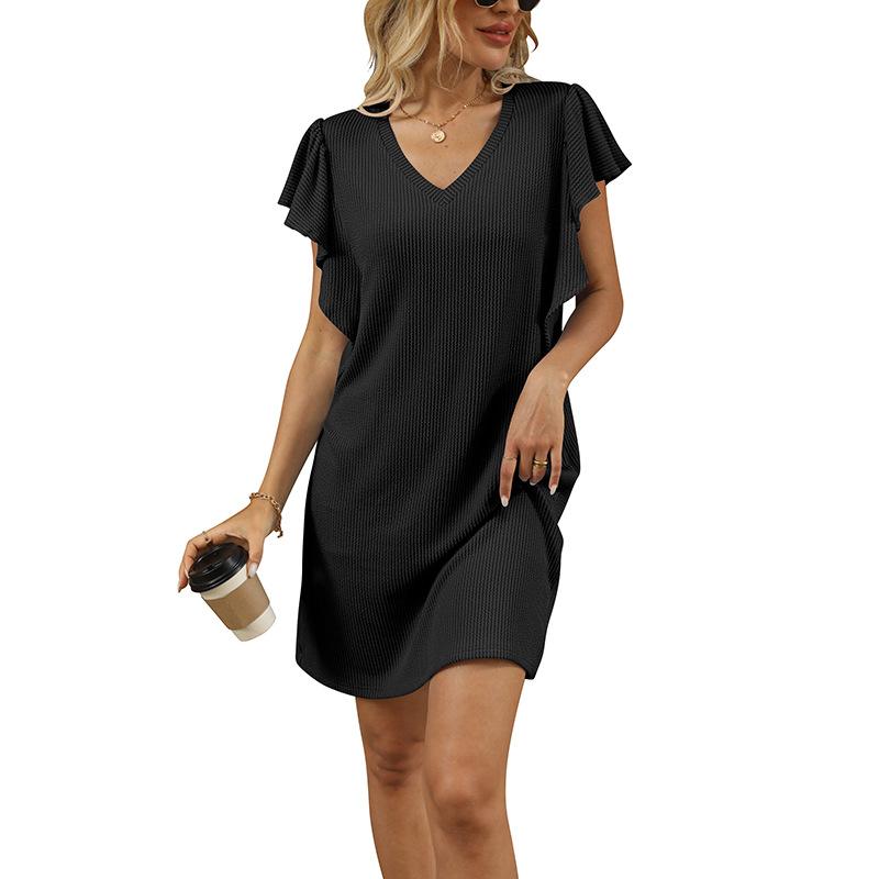 2026 summer new women's clothing European and American contrasting colors twisting strip V-neck lotus leaf sleeve medium and long dress