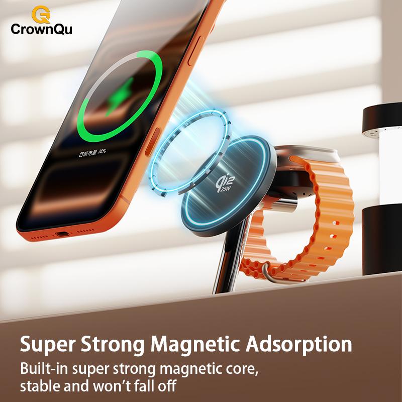 Беспроводное магнитное зарядное устройство Qi2.2 25 Вт, многофункциональная станция быстрой зарядки с ночником для iPhone17 16 15, Watch, Airpods
