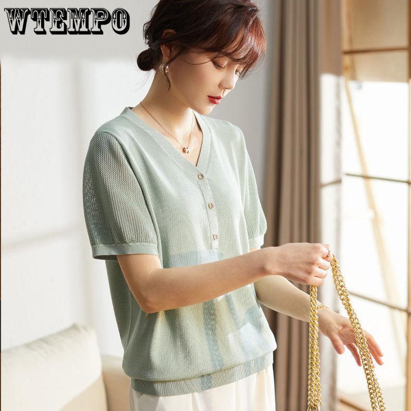 Women's Knitted T-shirt Mom's Summer Outfit Ice Silk Stylish Short Sleeve Summer New V-neck Knitted Top