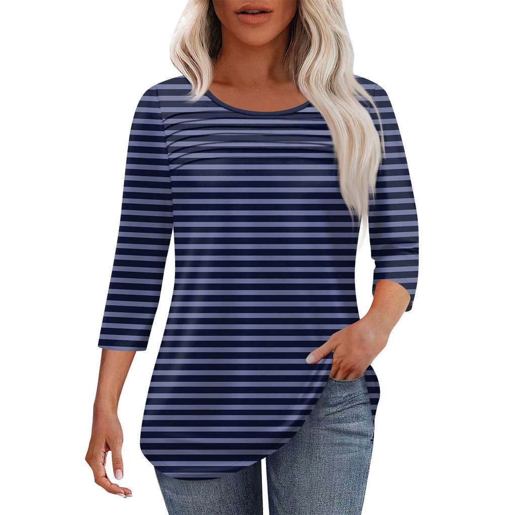 Женская мода круглый вырез шея плиссированная передняя планка с принтом рукав 3/4 топ