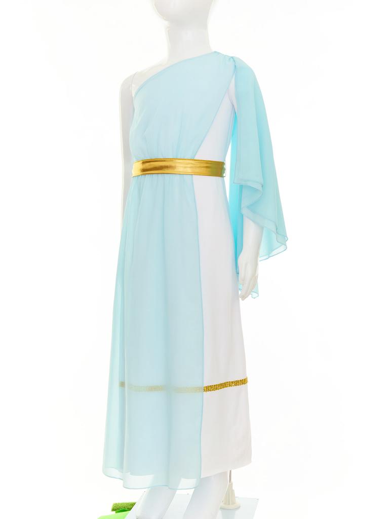 Girls Greek Toga Costume Single Shoulder Tulle Shawl Patchwork Flowy Dress Waistband Ancient Roman Halloween Outfit