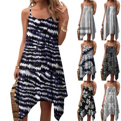 Женское летнее повседневное винтажное платье с цветочным принтом, круглым вырезом, регулируемыми подтяжками и карманами