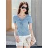 Women's Summer V-neck Drawstring Design Short-sleeved T-shirt Solid Color High Waist Small Shirt