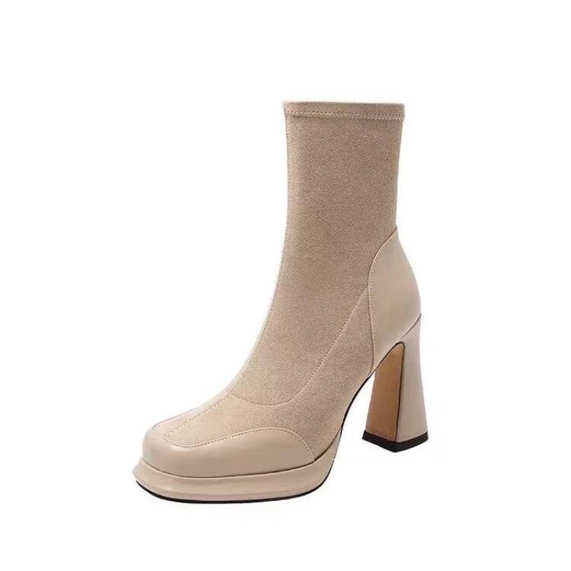 Женская модная обувь на толстом каблуке, зимние новые комбинированные замшевые ботильоны с боковой молнией, толстой подошвой, противоскользящие, износостойкие