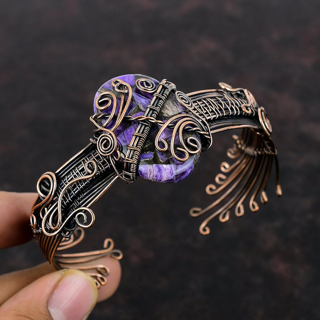 Медный браслет из чароита, браслет-манжета из настоящего драгоценного камня, браслет из медной проволоки, регулируемый браслет, медные украшения для подарка, браслет ручной работы