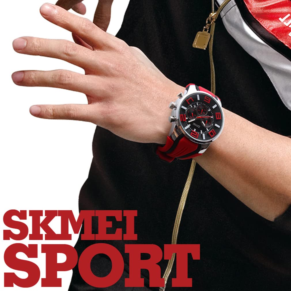 SKMEI Watch Silicone Stylish Casual Sports Big Face Arm Watch Waterproof Chronograph Brand Analog Gentleman Watch Date Fluorescent Luxury Present Red
