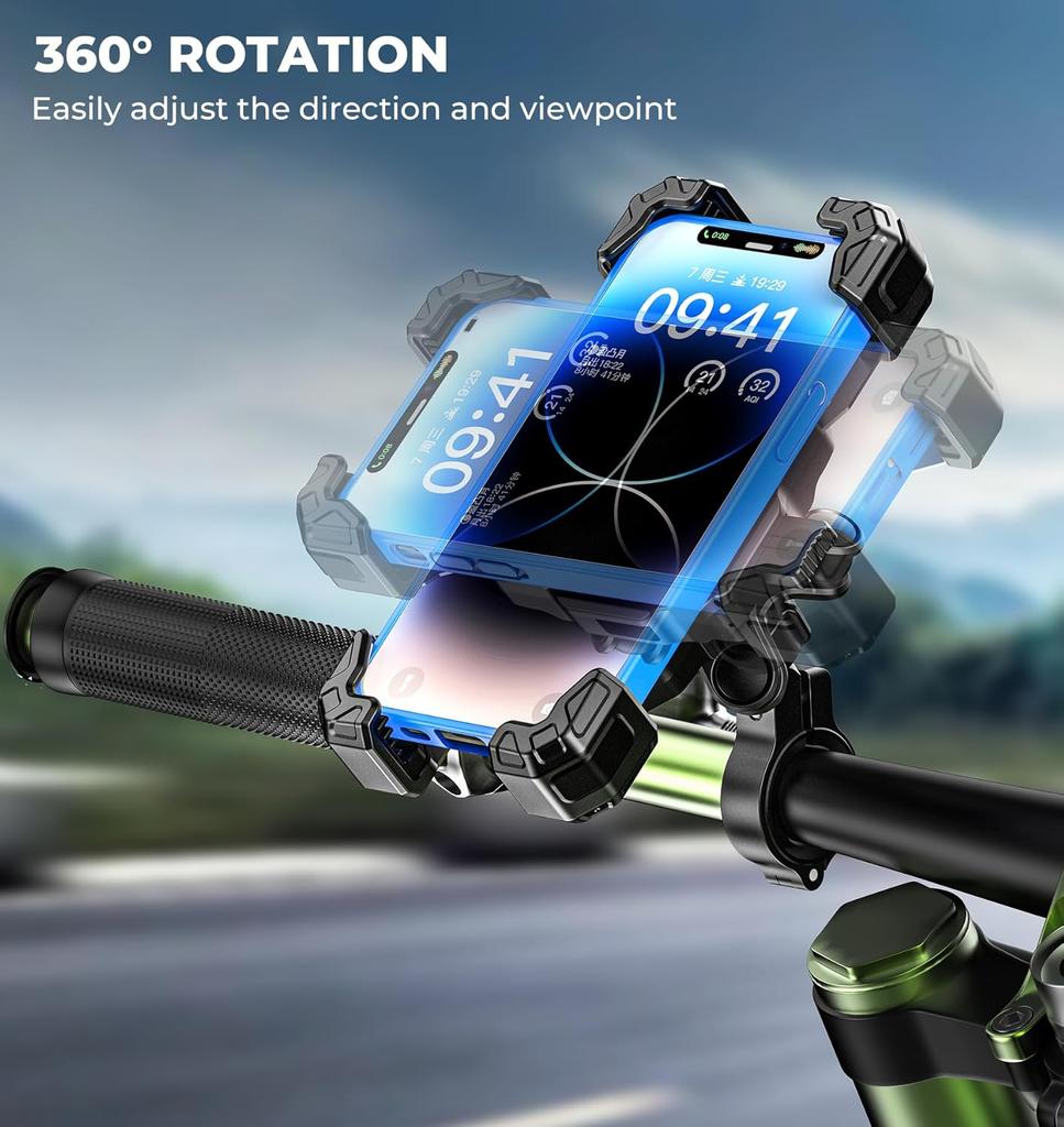 Motorcycle Phone Mount with Vibration Dampener, 1s Lock Bike Phone Holder with Aluminum Alloy Handlebar Mounting Base, One-Handed Operation