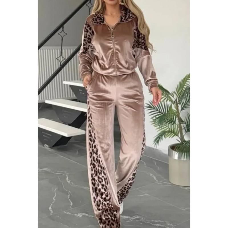 Womens Animal Print Color-Block Long Sleeve Set Casual Tracksuit With Stretch Fabric