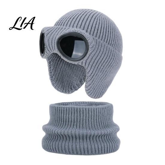 Aviator Ear Protection Cap with Goggles 1 Set Knit Hat Neck Warmer for Kids, Winter Earflap Goggles, Toddler Cold Weather Windproof Fleece Lined Cap,