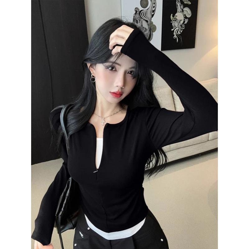 Весенний нишевый топ с плиссировкой на талии, на молнии до середины, имитация двойки, женская рубашка с длинным рукавом, ретро базовая рубашка